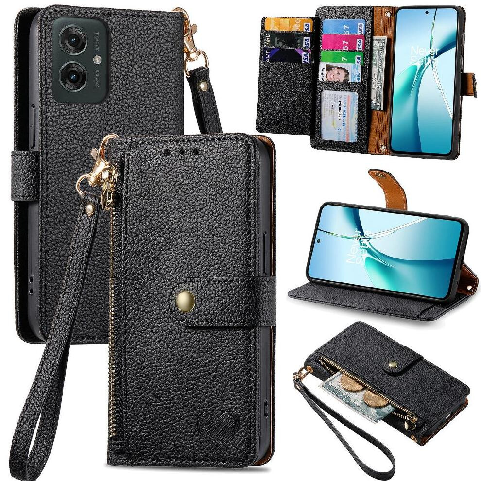 (Black) Flip Case For Motorola Moto G55 Love Zipper Wallet Shockproof Leather Case Black 764563432615