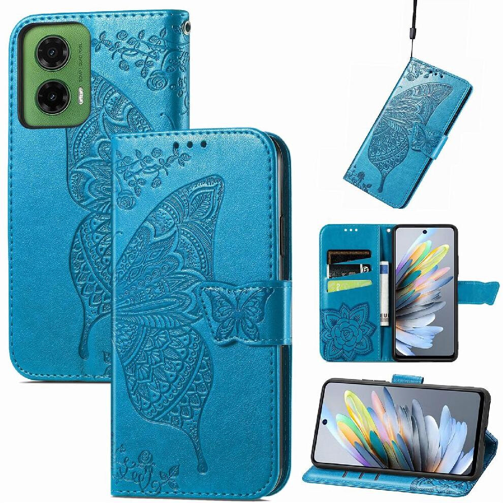 (Blue) Case For Motorola Moto G35 Wallet Wing Business Multi-Color Butterfly Blue 764563432752