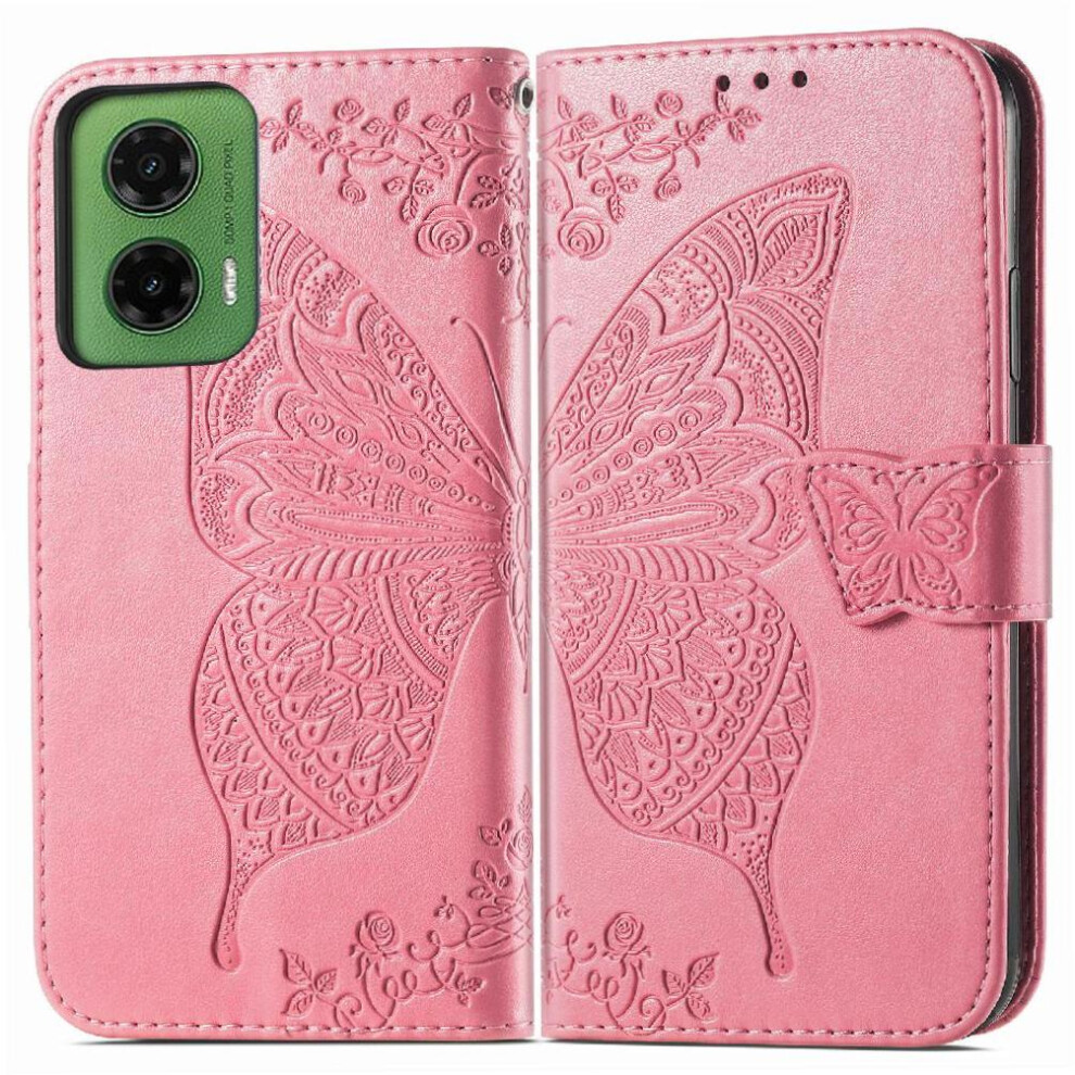 (Pink) Case For Motorola Moto G35 Wallet Wing Business Multi-Color Butterfly Pink 764563432707