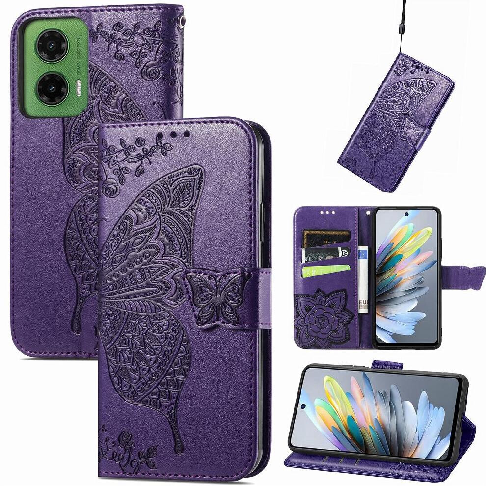 ( Violet) Case For Motorola Moto G35 Wallet Wing Business Multi-Color Butterfly Dark 764563432721