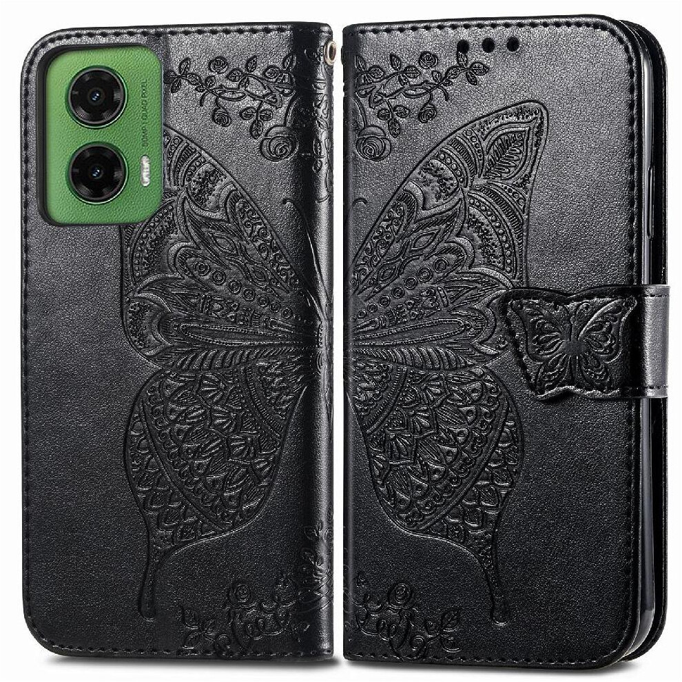 (Black) Case For Motorola Moto G35 Wallet Wing Business Multi-Color Butterfly Black 764563432714