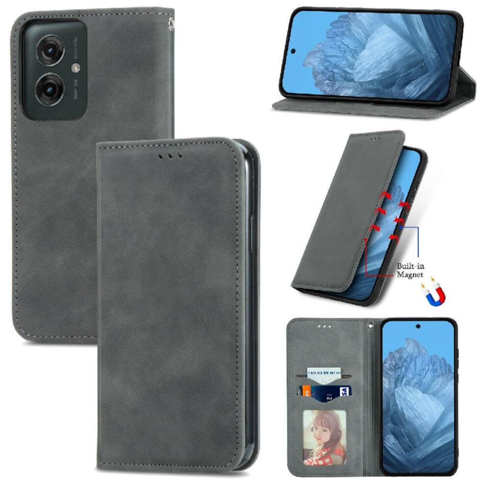 ( ) Flip Case For Motorola Moto G55 Simple Business Wallet Flip Cover Leather Case Shockproof Gray 764563432806