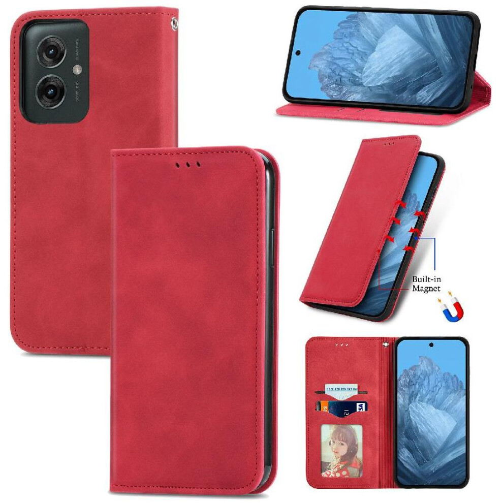 (Red) Flip Case For Motorola Moto G55 Simple Business Wallet Flip Cover Leather Case Shockproof Red 764563432790