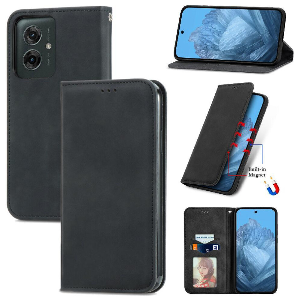 (Black) Flip Case For Motorola Moto G55 Simple Business Wallet Flip Cover Leather Case Shockproof Black 764563432813
