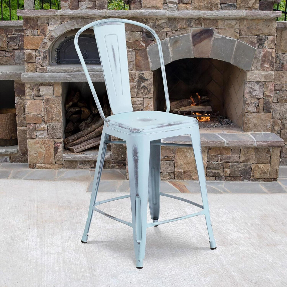 Set of 4 Pastel Blue Bar Stools Distressed Metal Indoor Outdoor Counter Stool