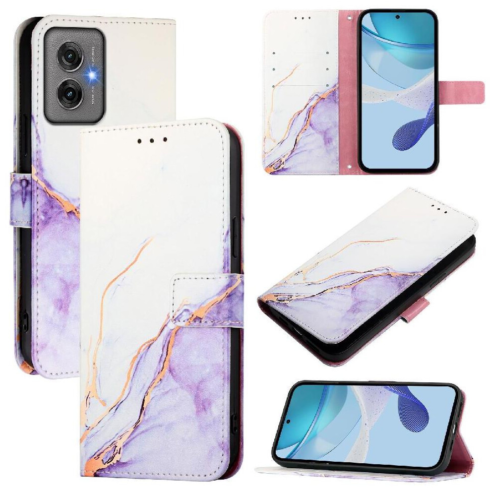 (Purple) Case For Motorola Moto G55 Marble Pattern Pu Leather Kickstand Wallet Purple 764563434183