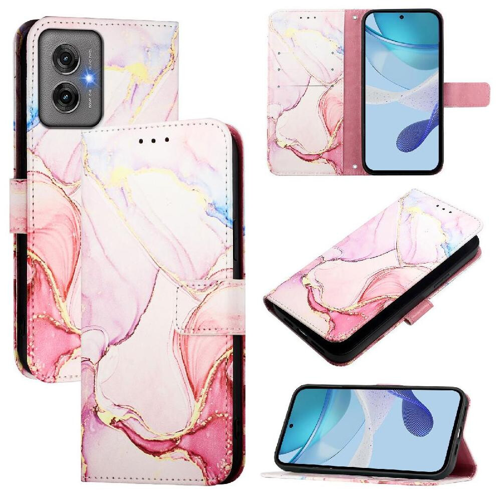 (Pink) Case For Motorola Moto G55 Marble Pattern Pu Leather Kickstand Wallet Pink 764563434152