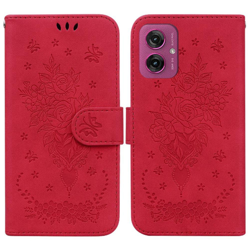 (Red) Flip Case For Motorola Moto G55 Wallet Case Kickstand Emboss Rose Flowers Pu Leather Cover Card Slots Red 764563434855