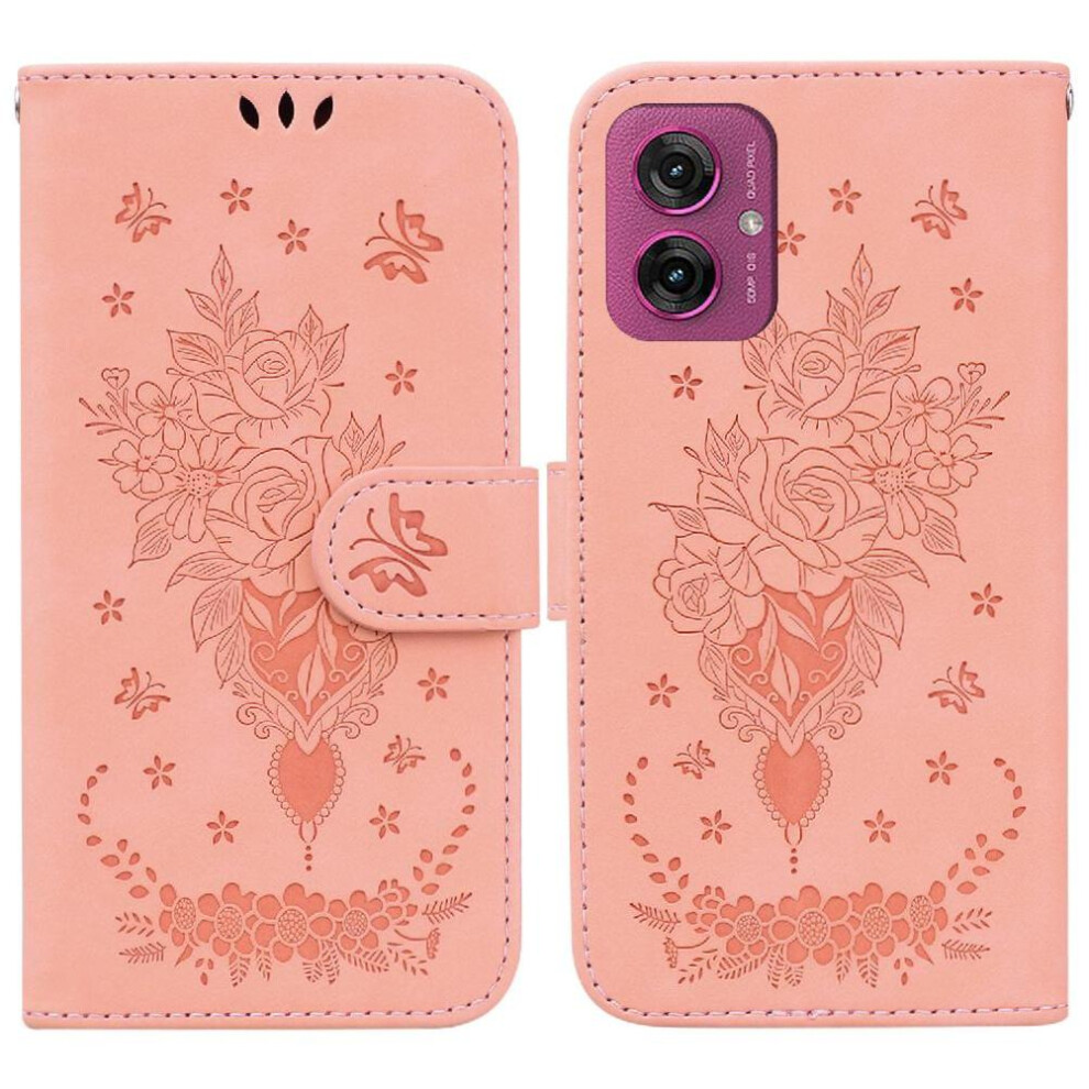(Pink) Flip Case For Motorola Moto G55 Wallet Case Kickstand Emboss Rose Flowers Pu Leather Cover Card Slots Pink 764563434862