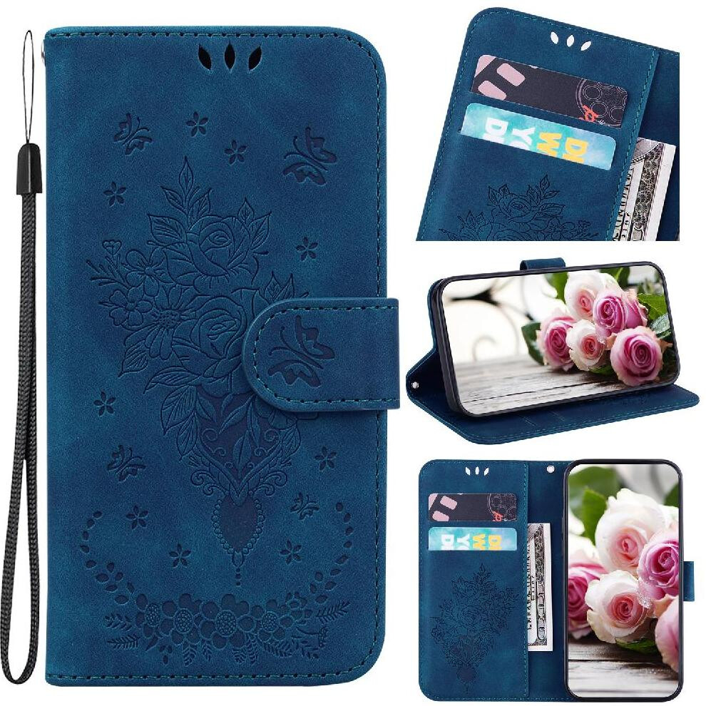 (Blue) Flip Case For Motorola Moto G55 Wallet Case Kickstand Emboss Rose Flowers Pu Leather Cover Card Slots Blue 764563434824
