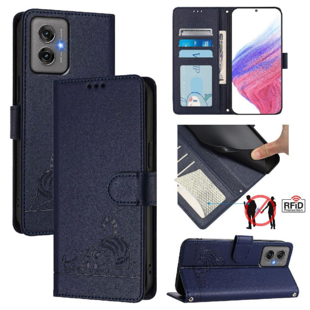 (Blue) Case For Motorola Moto G55 Wallet Flip Cover Card Slot Holder Kickstand Cat Rfid Blue 764563435425