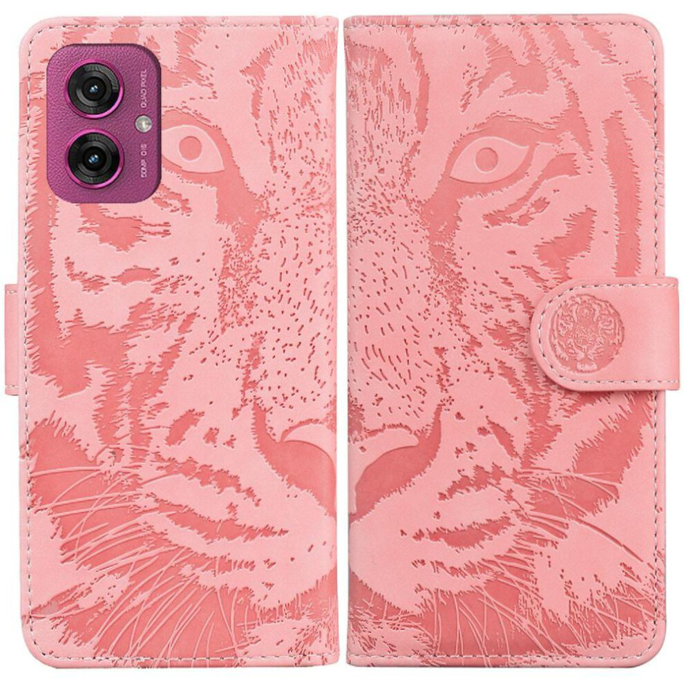 (Pink) Flip Case For Motorola Moto G55 Kickstand Protective Embossed Cute Tiger Leather Wallet Pink 764563435708