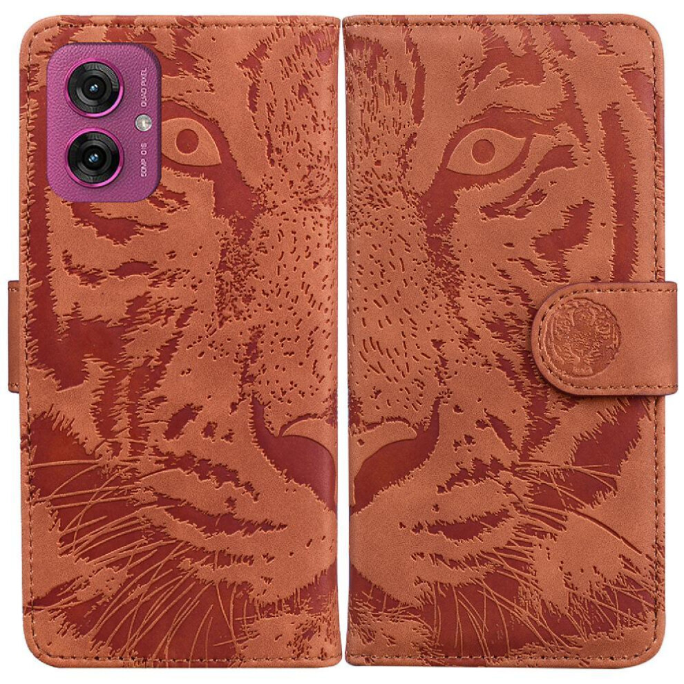 (Brown) Flip Case For Motorola Moto G55 Kickstand Protective Embossed Cute Tiger Leather Wallet Brown 764563435692