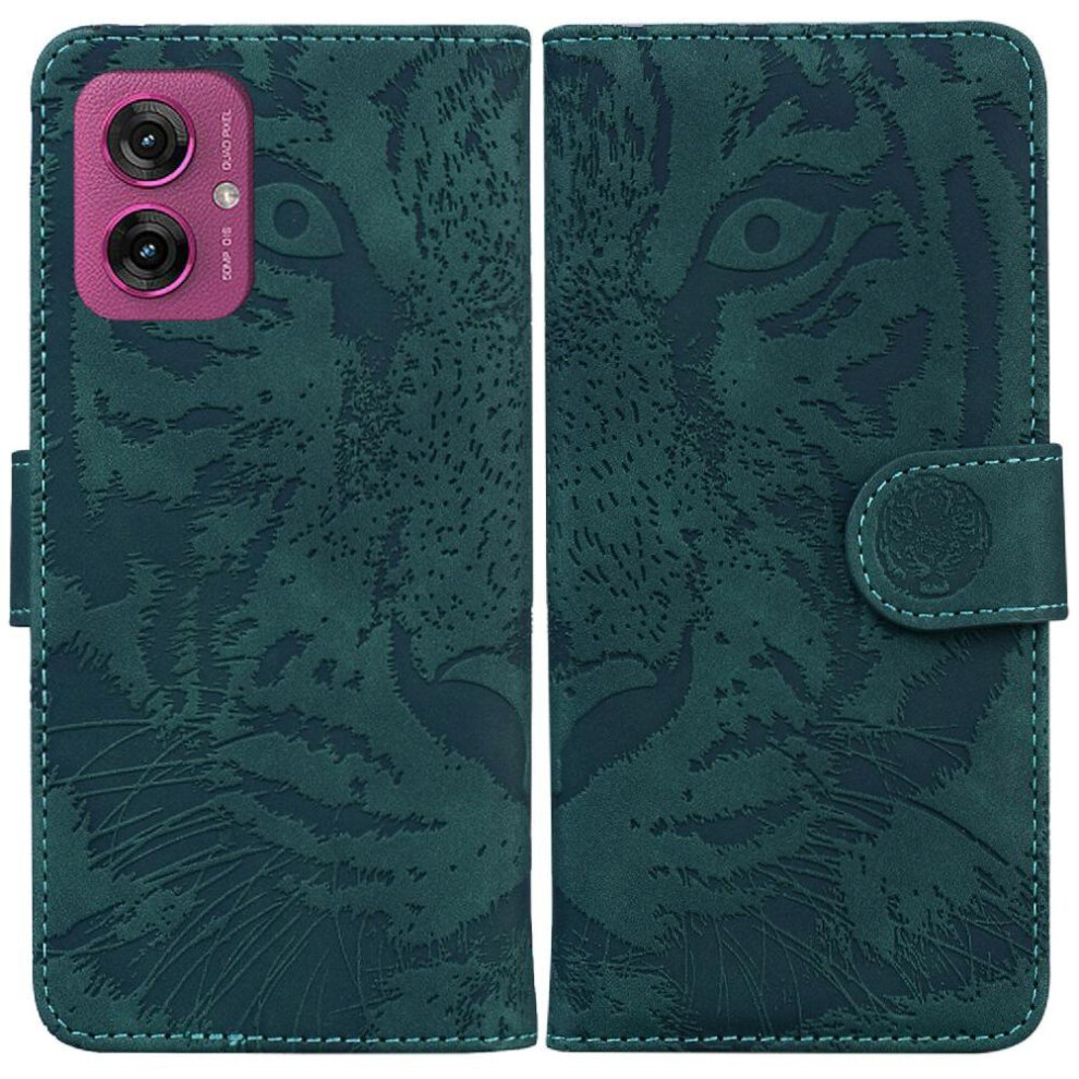 (Green) Flip Case For Motorola Moto G55 Kickstand Protective Embossed Cute Tiger Leather Wallet Green 764563435678