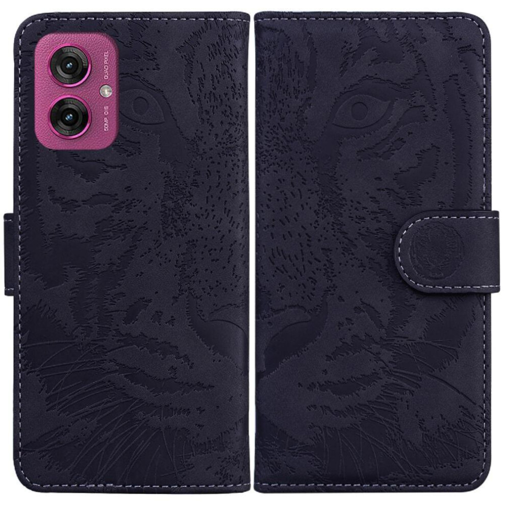(Black) Flip Case For Motorola Moto G55 Kickstand Protective Embossed Cute Tiger Leather Wallet Black 764563435654