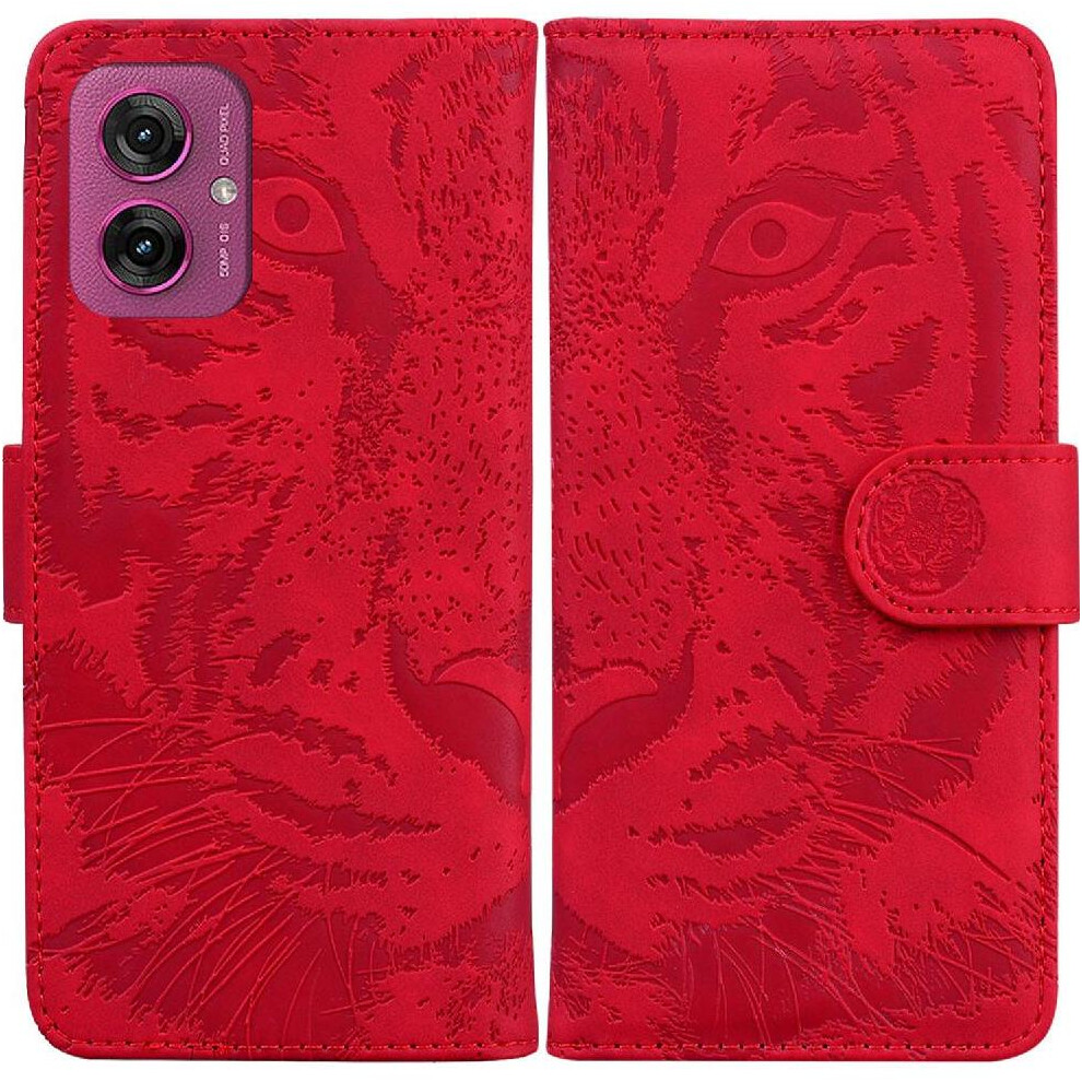 (Red) Flip Case For Motorola Moto G55 Kickstand Protective Embossed Cute Tiger Leather Wallet Red 764563435661