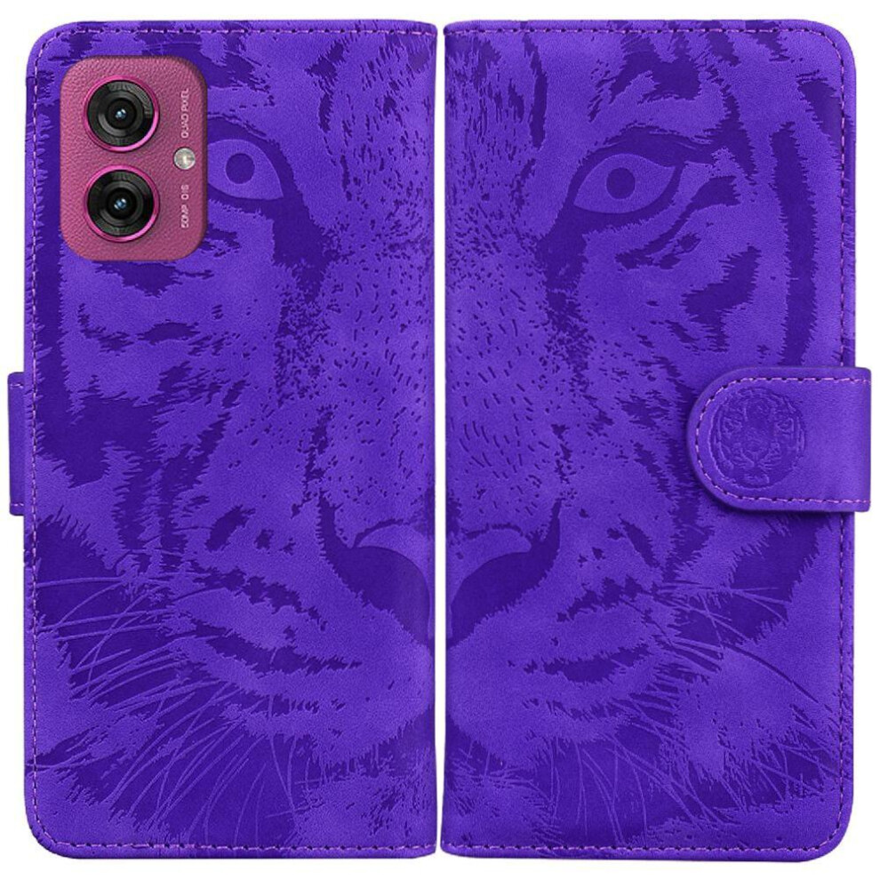 (Purple) Flip Case For Motorola Moto G55 Kickstand Protective Embossed Cute Tiger Leather Wallet Purple 764563435685