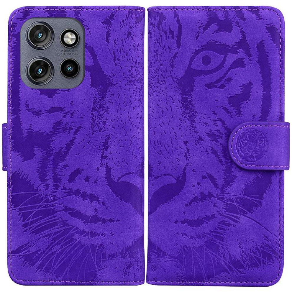 (Purple) Flip Case For Motorola Edge 50 Neo 5G Kickstand Protective Leather Wallet Embossed Cute Tiger Purple 764563435807