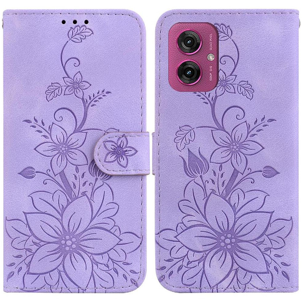 (Purple) Flip Case For Motorola Moto G55 Magnetic Card Holder Kickstand Wallet Embossed Lily Purple 764563436040