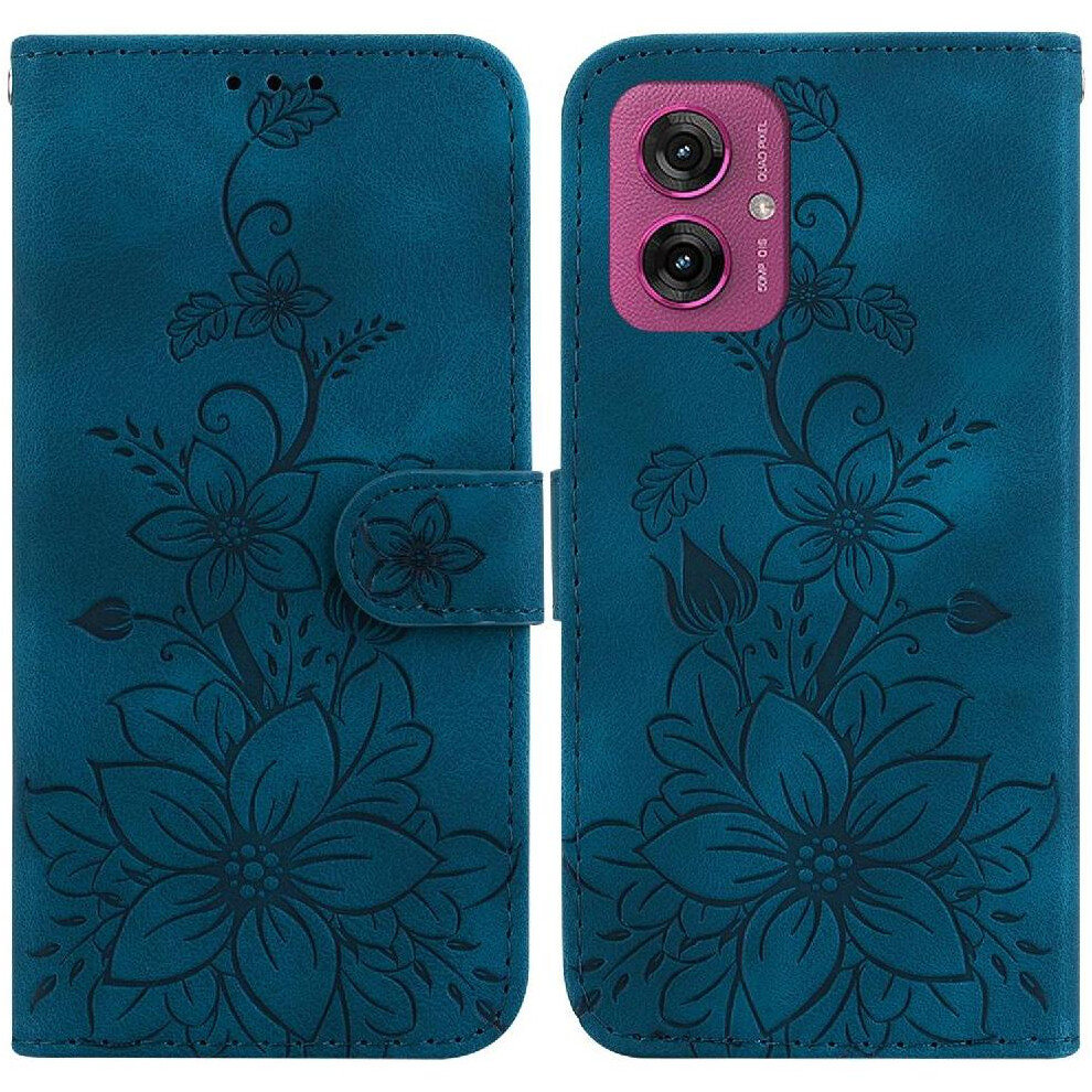 (Dark ) Flip Case For Motorola Moto G55 Magnetic Card Holder Kickstand Wallet Embossed Lily Blue 764563436033