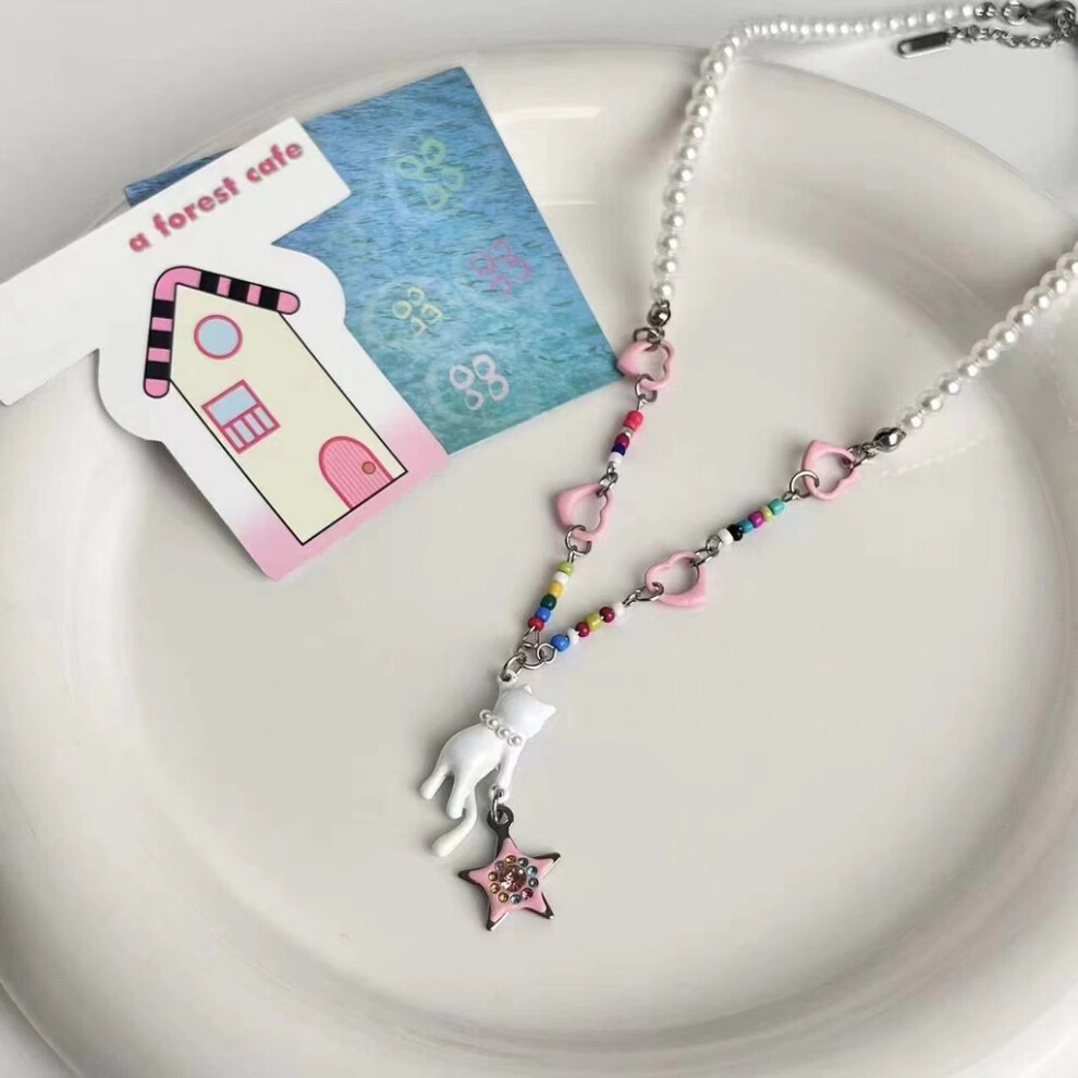 (Pearl Cat Necklace)Joli bracelet étoile chat noir incrusté de perles Y2k bijoux d'été élégants femmes pour