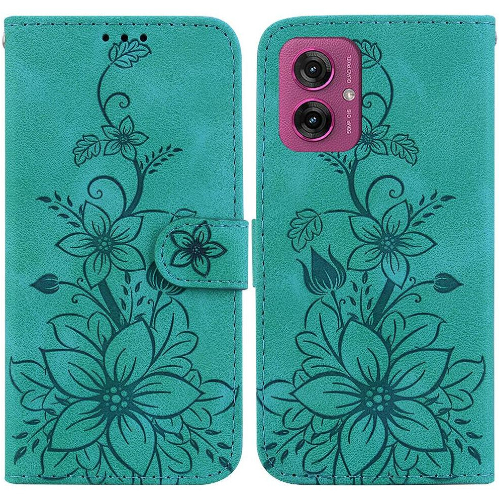 (Green) Flip Case For Motorola Moto G55 Magnetic Card Holder Kickstand Wallet Embossed Lily Green 764563436019