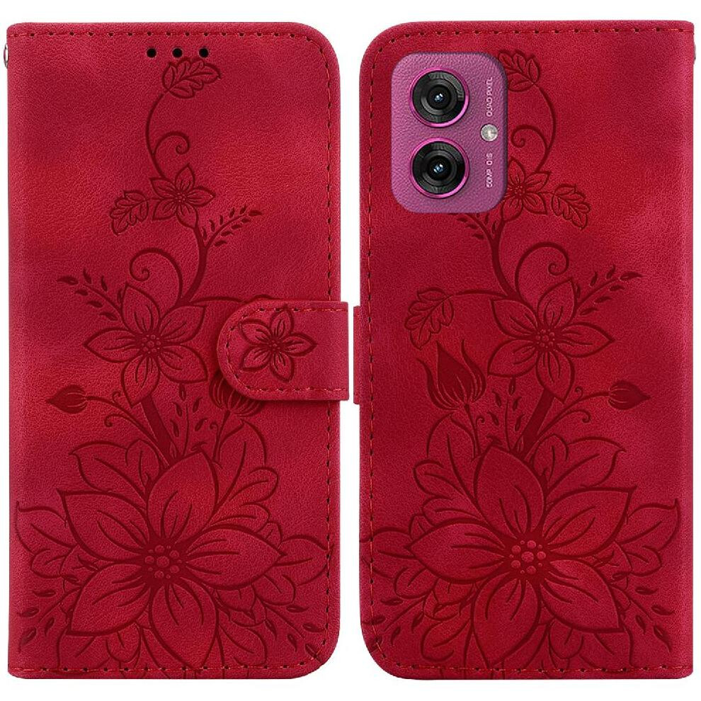 (Red) Flip Case For Motorola Moto G55 Magnetic Card Holder Kickstand Wallet Embossed Lily Red 764563436057