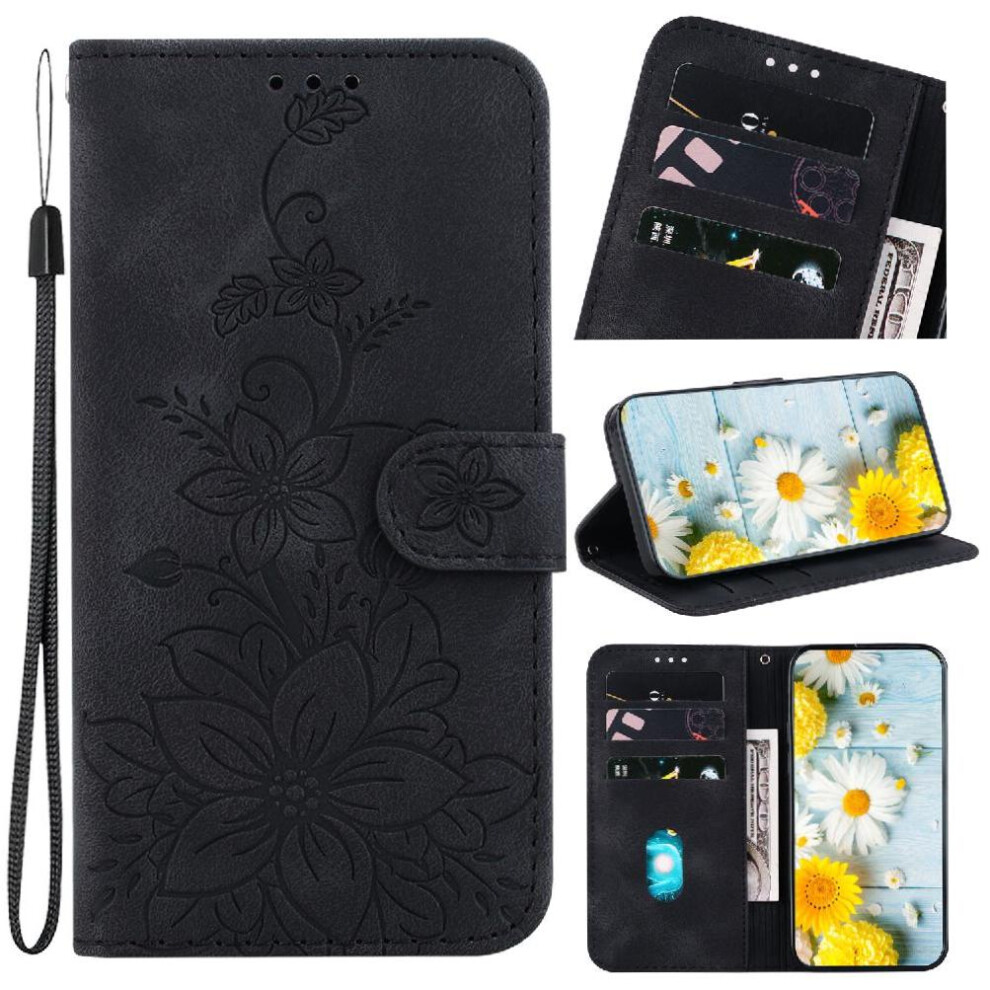 (Black) Flip Case For Motorola Moto G55 Magnetic Card Holder Kickstand Wallet Embossed Lily Black 764563436064