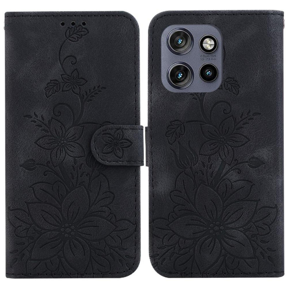 (Black) Flip Case For Motorola Edge 50 Neo 5G Kickstand Magnetic Embossed Lily Card Holder Wallet Black 764563436132