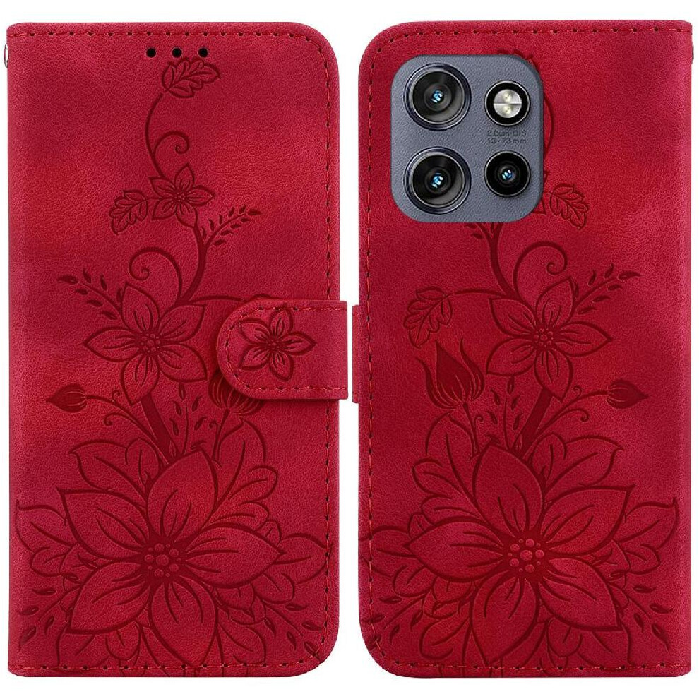 (Red) Flip Case For Motorola Edge 50 Neo 5G Kickstand Magnetic Embossed Lily Card Holder Wallet Red 764563436125