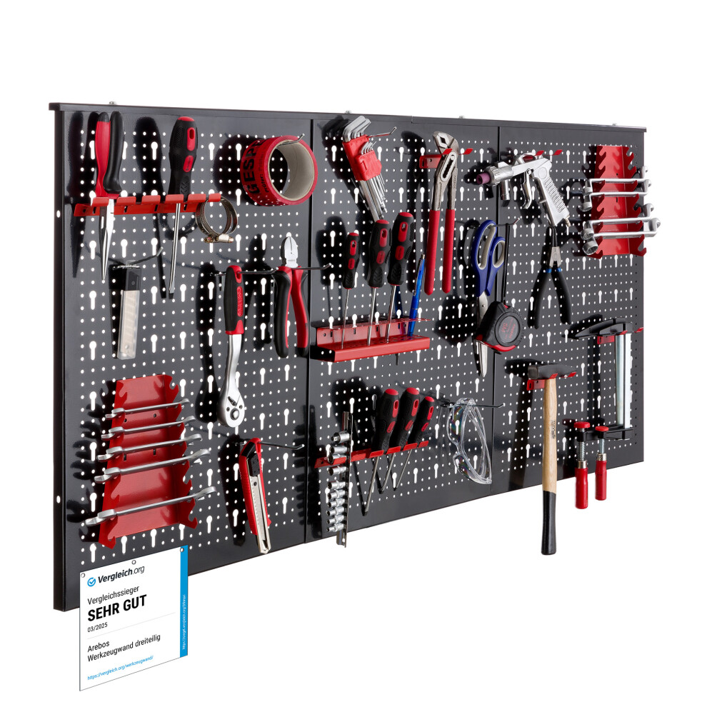 AREBOS Tool wall 3-piece perforated wall workshop | 17-piece hook set & brackets | Perforated metal tool wall for workshop equipment | Red
