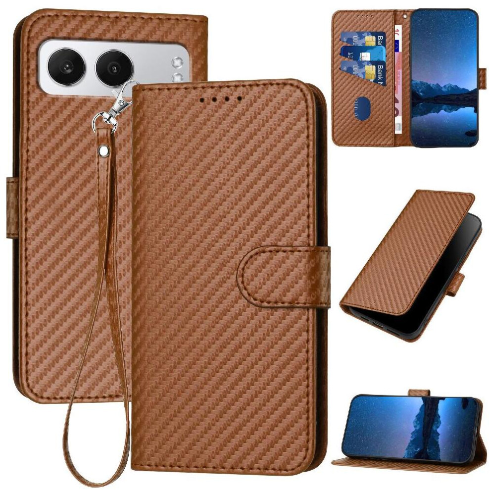 (Brown) Flip Case For Oneplus Nord 4 With Card Slot And Kickstand Carbon Fiber Surface Premium Leather With Detachable Hand Strap Brown 764563439065