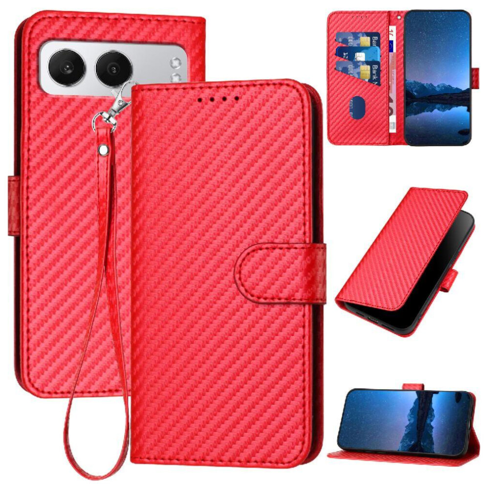 (Red) Flip Case For Oneplus Nord 4 With Card Slot And Kickstand Carbon Fiber Surface Premium Leather With Detachable Hand Strap Red 764563439034