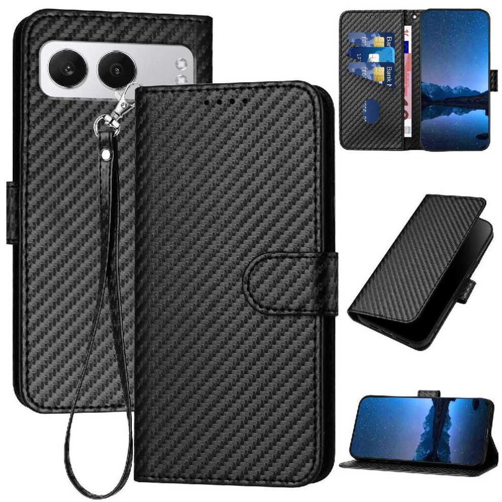 (Black) Flip Case For Oneplus Nord 4 With Card Slot And Kickstand Carbon Fiber Surface Premium Leather With Detachable Hand Strap Black 764563439089