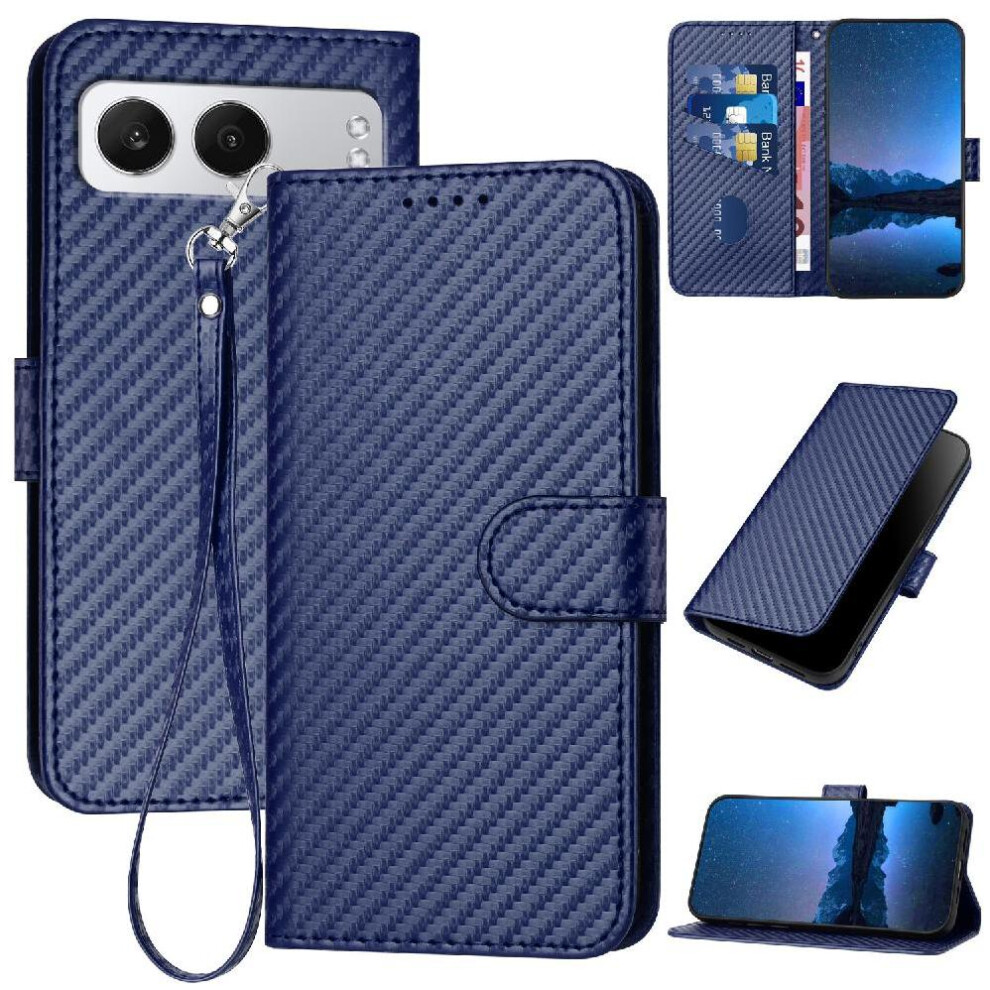 (Blue) Flip Case For Oneplus Nord 4 With Card Slot And Kickstand Carbon Fiber Surface Premium Leather With Detachable Hand Strap Blue 764563439058