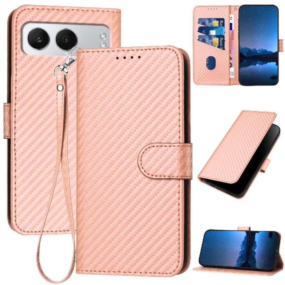 (Pink) Flip Case For Oneplus Nord 4 With Card Slot And Kickstand Carbon Fiber Surface Premium Leather With Detachable Hand Strap Pink 764563439096