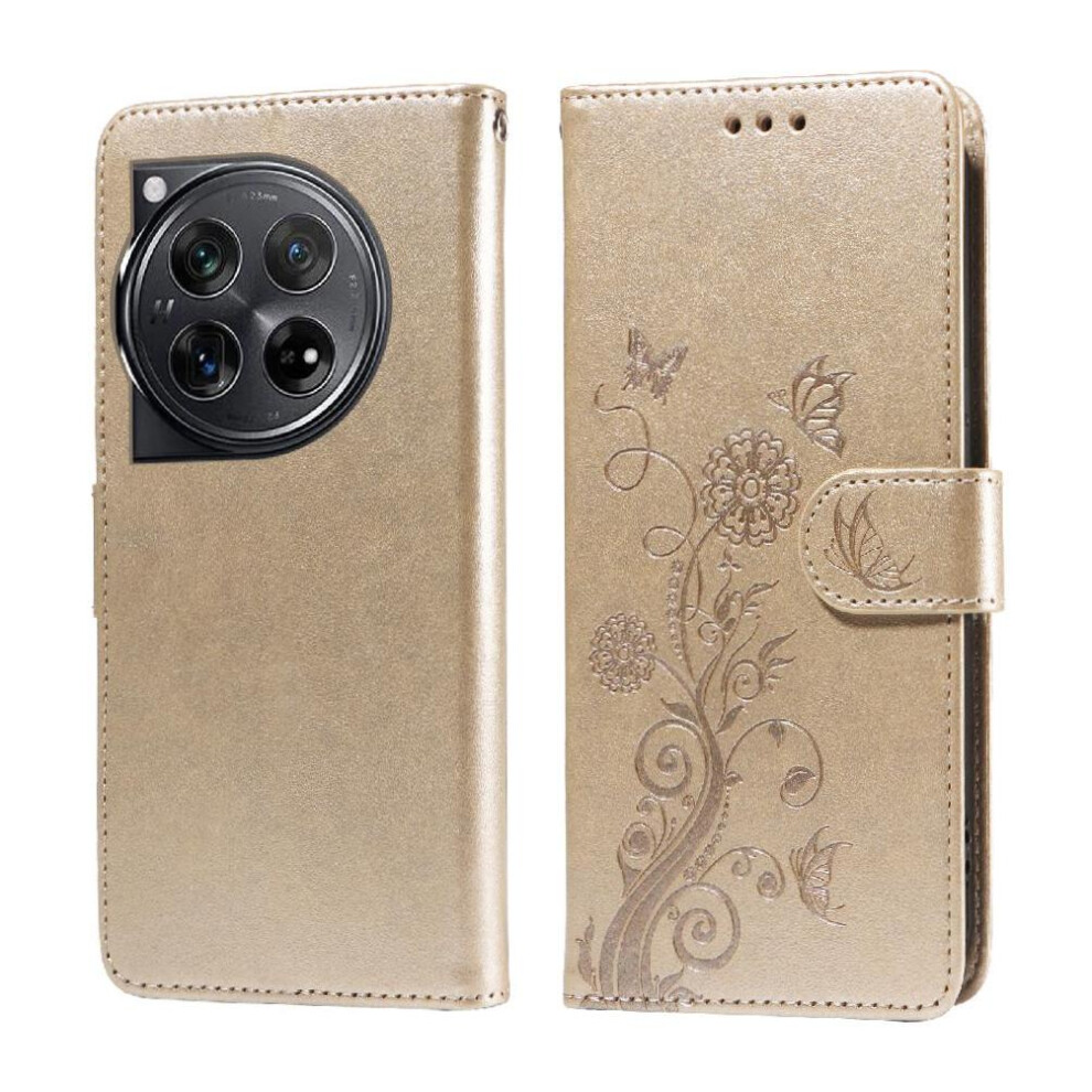 (Gold) Flip Case For Oneplus 12 Flower Cardslots Leather Flip Gold 764563439409