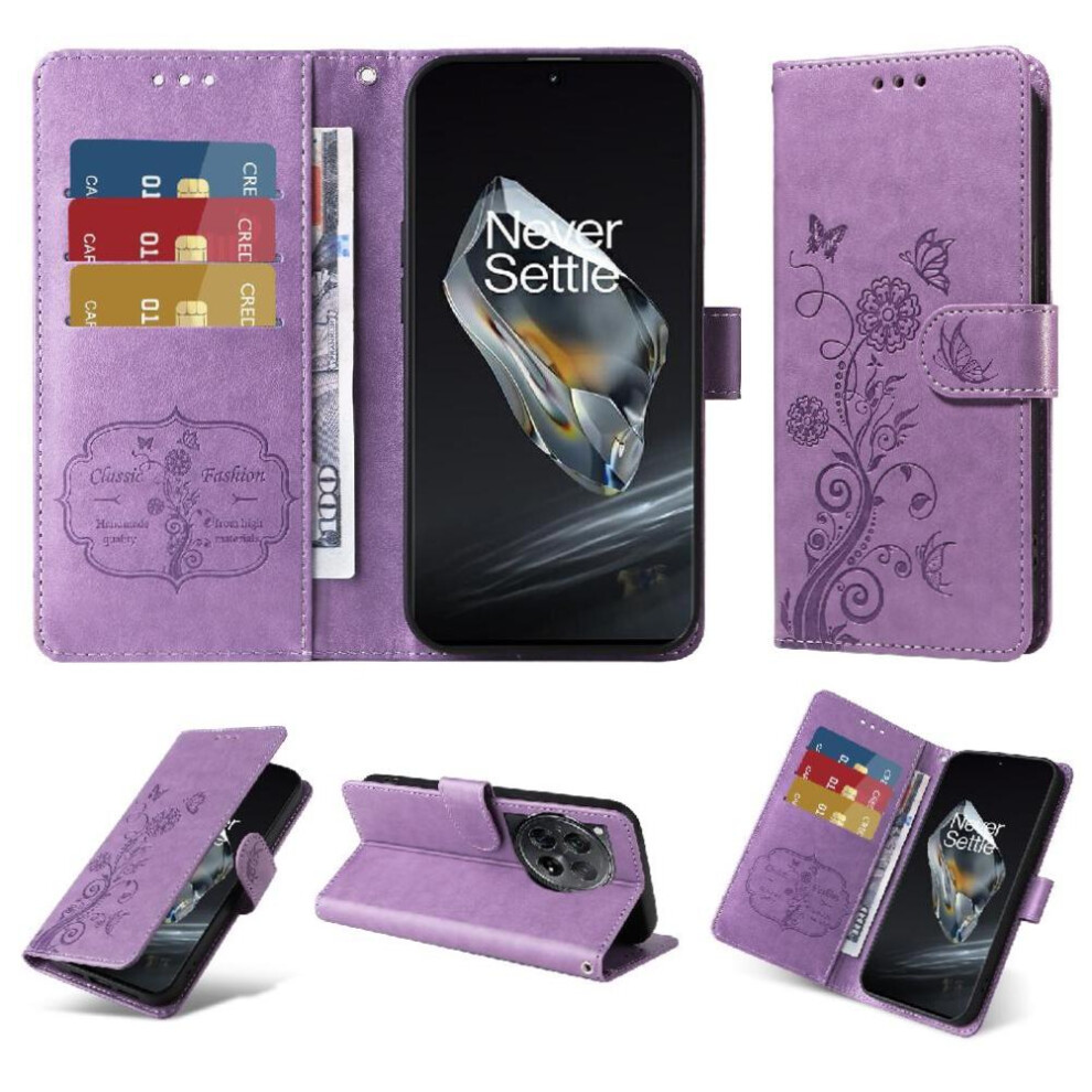 (Purple) Flip Case For Oneplus 12 Flower Cardslots Leather Flip Purple 764563439379