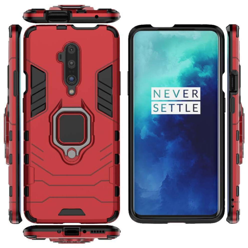 (Red) Ring Car Mount Kickstand Case For Oneplus 7T Pro Metal Ring Holder Kickstand Shockproof Military Grade Protection Red 764563439614