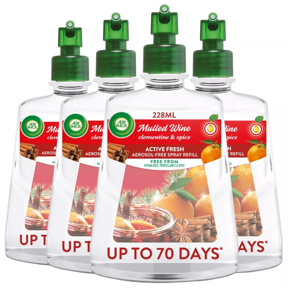 4 x 228ml Air Wick Mulled Wine Clementine & Spice 24/7 Active Fresh Refill