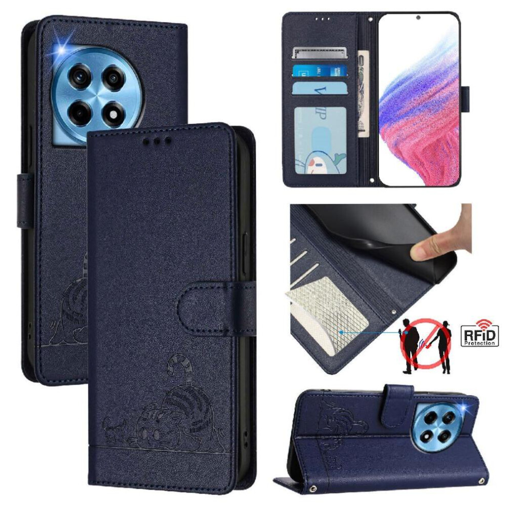 (Blue) Case For Oneplus 12R 5G Wallet Flip Cover Cat Rfid Card Slot Holder Kickstand Blue 764563440344