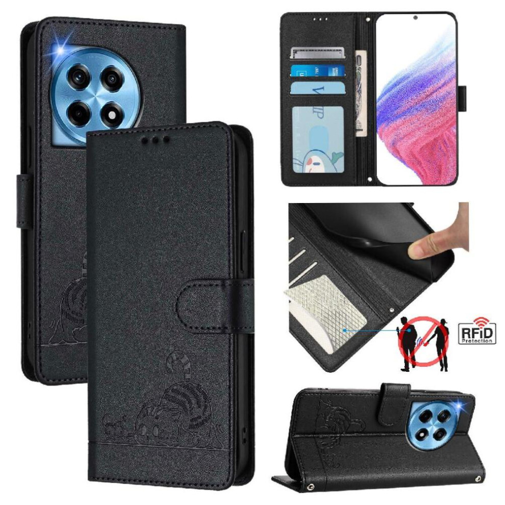 (Black) Case For Oneplus 12R 5G Wallet Flip Cover Cat Rfid Card Slot Holder Kickstand Black 764563440337