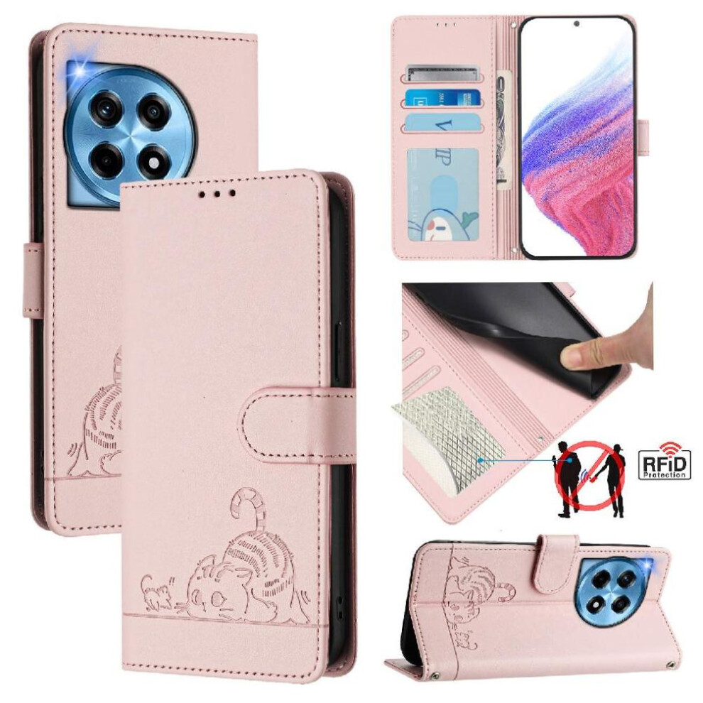 (Pink) Case For Oneplus 12R 5G Wallet Flip Cover Cat Rfid Card Slot Holder Kickstand Pink 764563440320