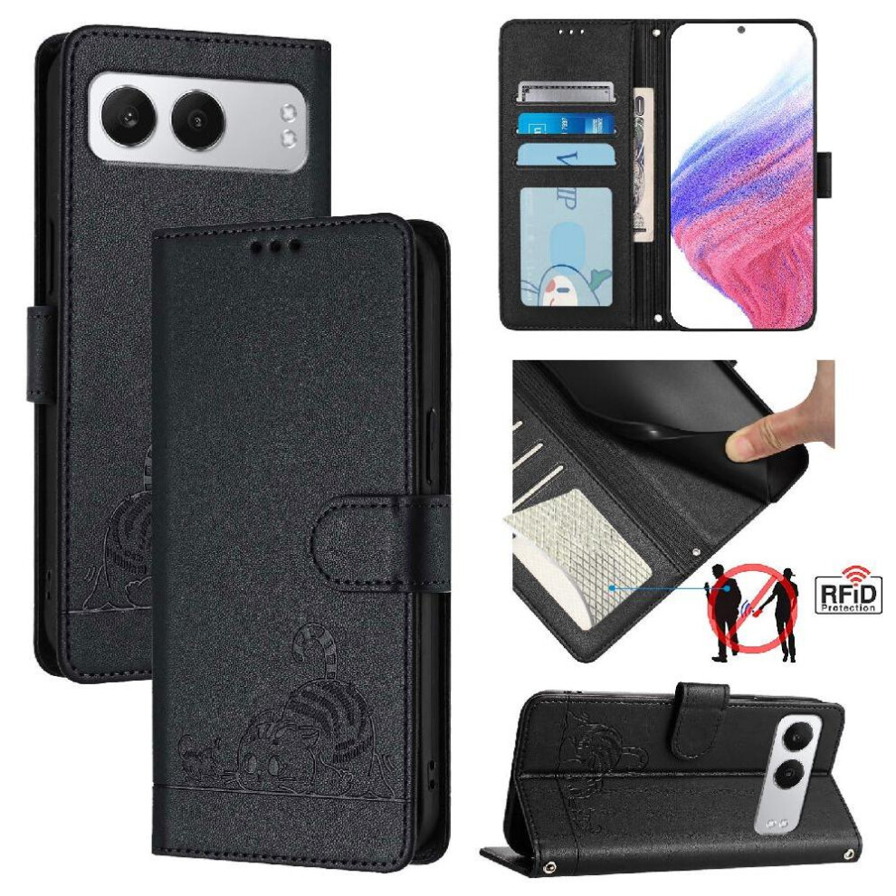 (Black) Case For Oneplus Nord 4 Cat Rfid Card Slot Holder Kickstand Wallet Flip Cover Black 764563440382