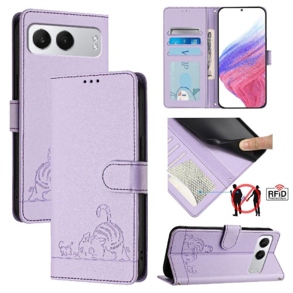 (Purple) Case For Oneplus Nord 4 Cat Rfid Card Slot Holder Kickstand Wallet Flip Cover Purple 764563440405