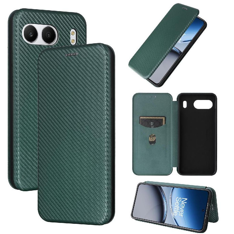 (Green) Flip Case For Oneplus Nord 4 5G Card Insertion Magnetic Carbon Fiber Full Protection Leather Folio Flip Case With Card Holder Kickstand Green 764563440412