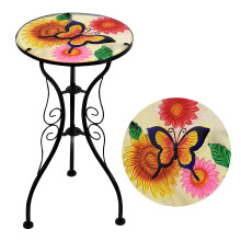 (Flowers and Butterfly) GEEZY Mosaic Iron/Glass Round Coffee Table Garden Patio Elegant Plant Stand