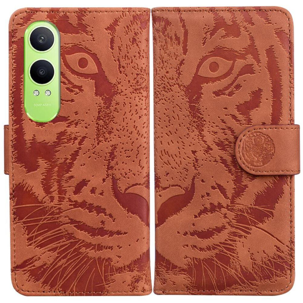 (Brown) Flip Case For Oneplus Nord Ce4 Lite Kickstand Protective Embossed Cute Tiger Leather Wallet Brown 764563441976