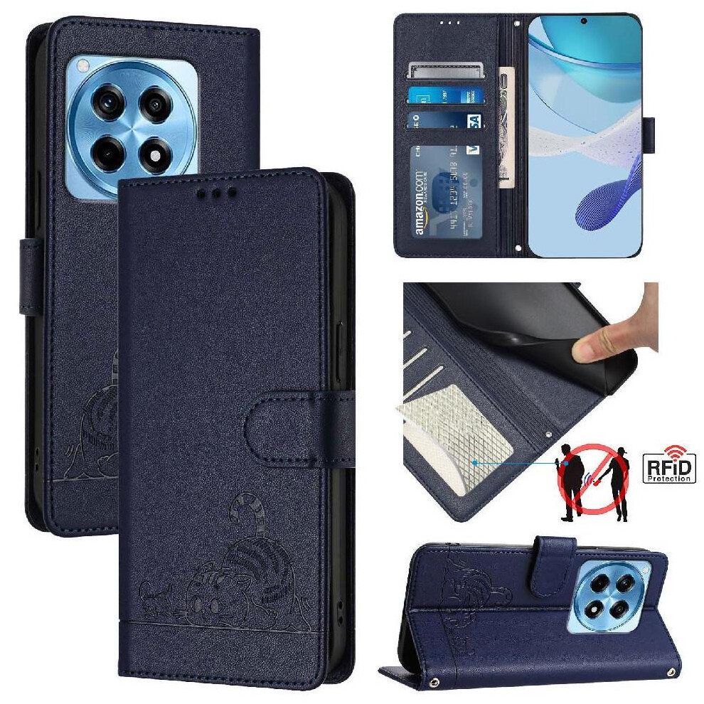 (Blue) Case For Oneplus 12R Cat Rfid Card Slot Holder Kickstand Wallet Flip Cover Blue 764563442195