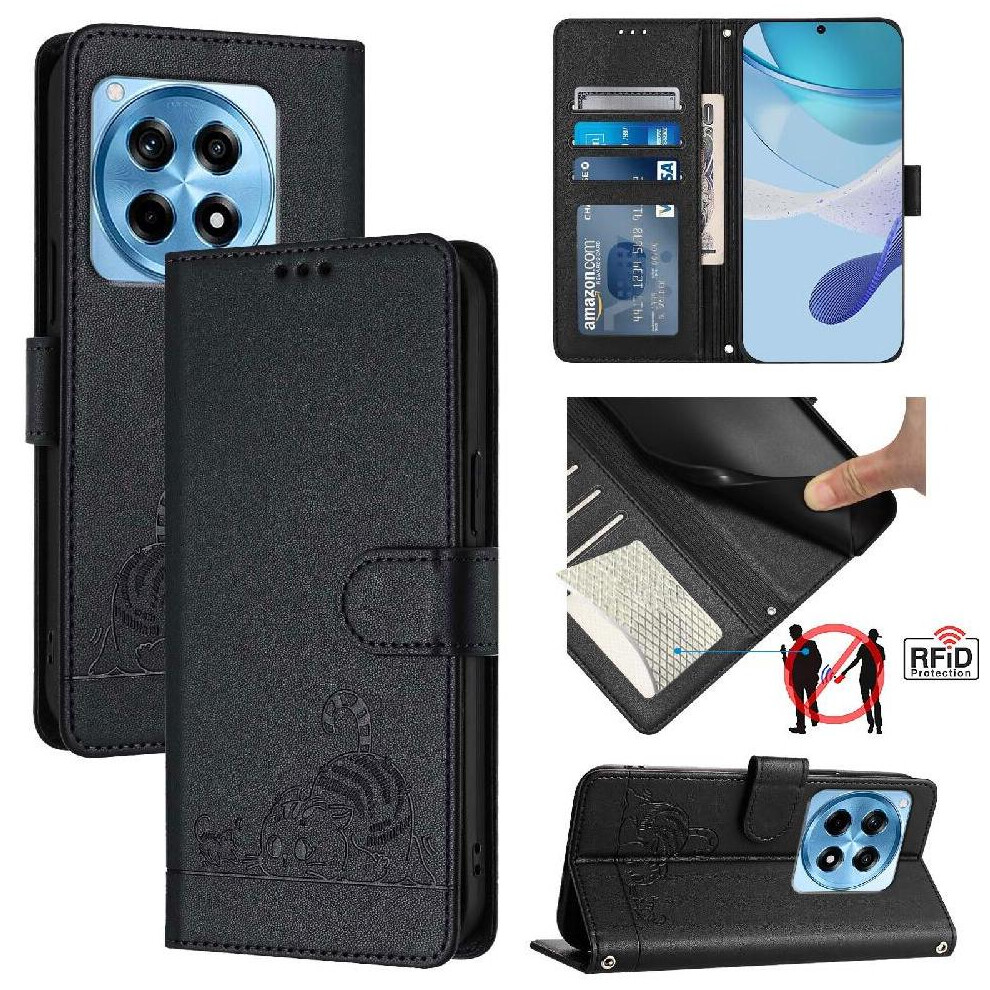 (Black) Case For Oneplus 12R Cat Rfid Card Slot Holder Kickstand Wallet Flip Cover Black 764563442188